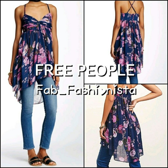 Free People Floral Tunic Top size XSmall Blue - Picture 6 of 15